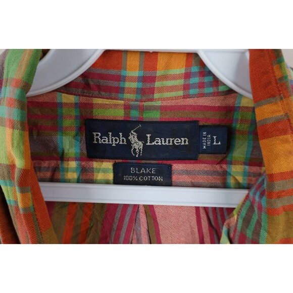 Vtg 90s Ralph Lauren Mens Large Faded India Madras Plaid Button Shirt Rainbow - Picture 7 of 10